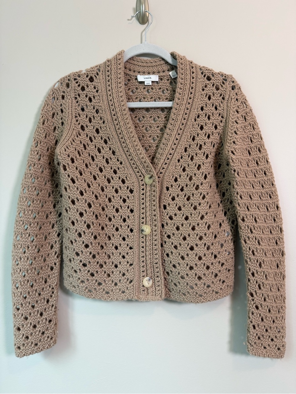 Vince Amber Wool Cashmere Open Crochet Knit Cropped Cardigan Sz XS VGUC